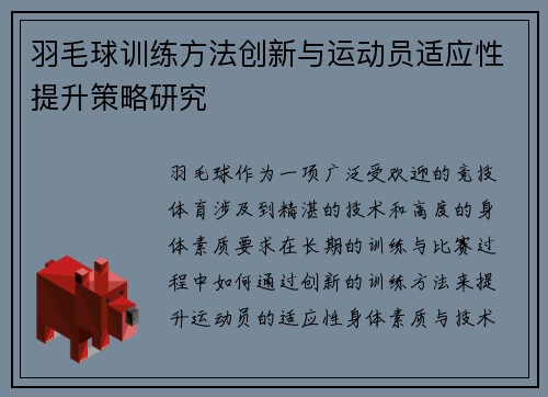 羽毛球训练方法创新与运动员适应性提升策略研究