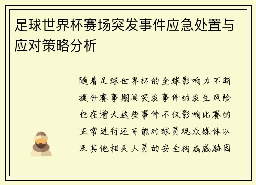 足球世界杯赛场突发事件应急处置与应对策略分析